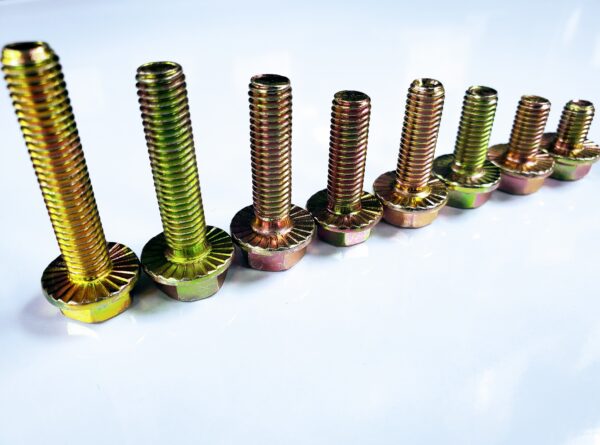 A row of different colored nuts and bolts.