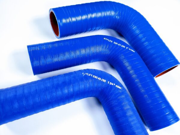 A close up of three blue hoses on top of each other.