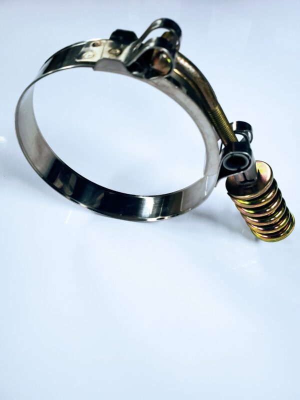 A metal hose clamp with springs attached to it.
